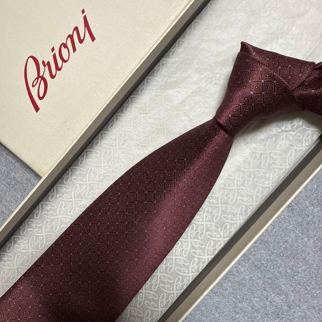 美品　ブリオーニ　ネクタイ　赤茶エンジ　ドット
