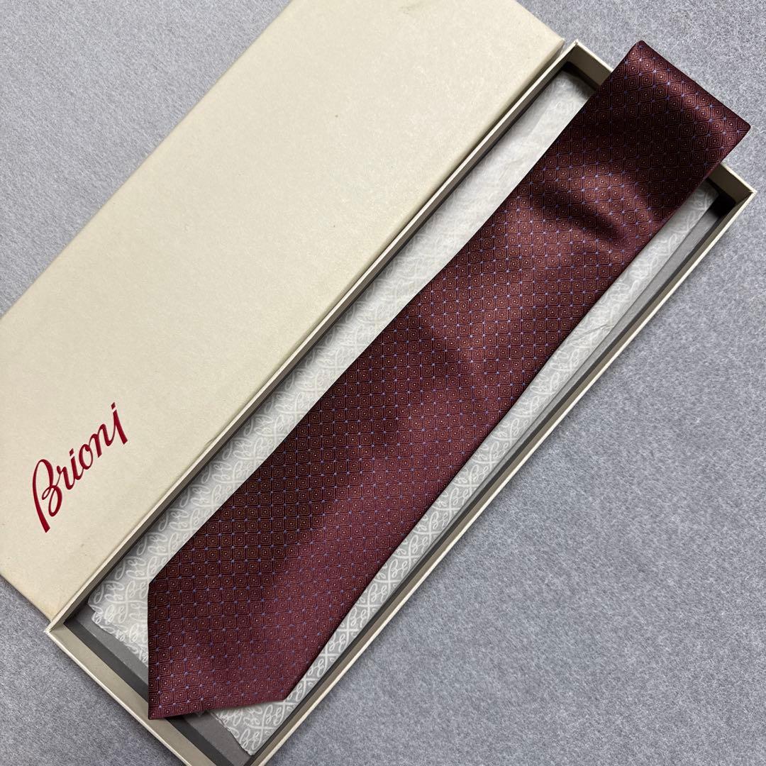 美品　ブリオーニ　ネクタイ　赤茶エンジ　ドット