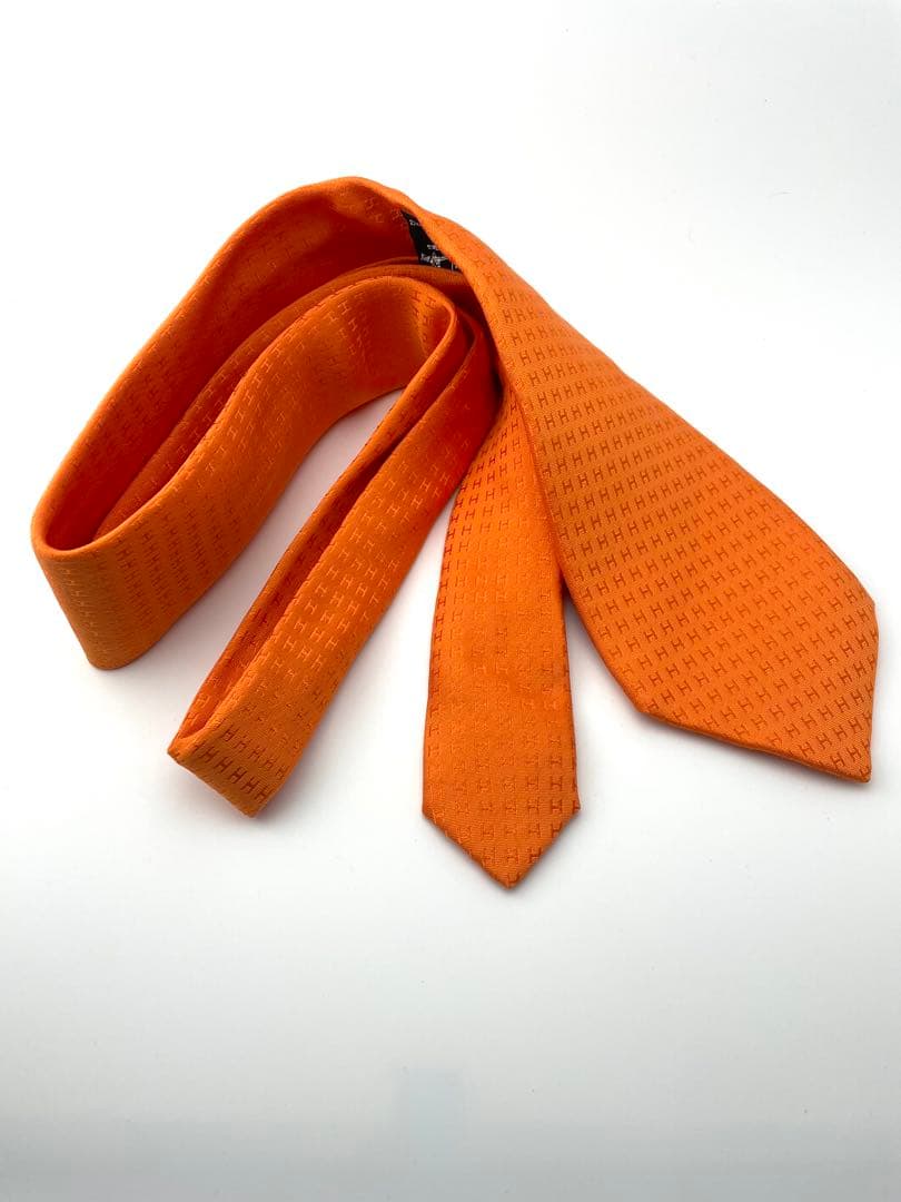 美品 エルメス ネクタイ ハイブランド H柄 ファソネ 高級 レア オレンジ