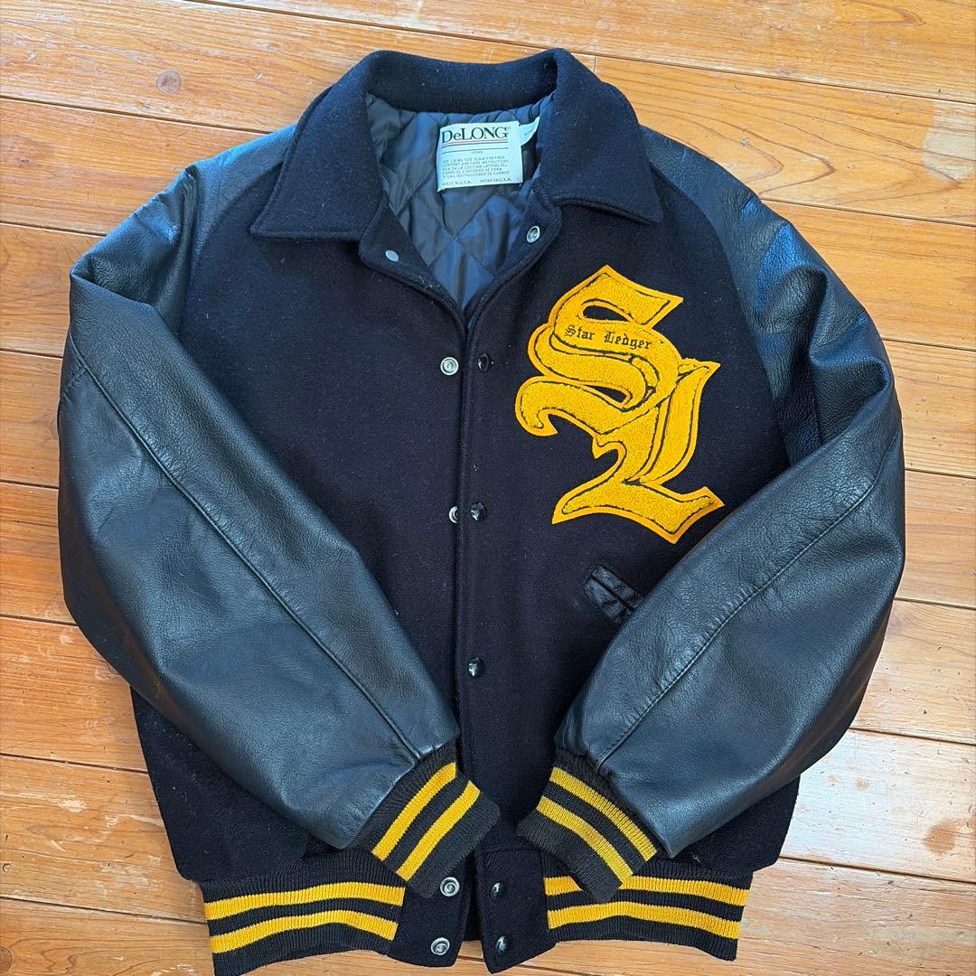 DeLONG スタジャン M 黒/レザー SL刺繍