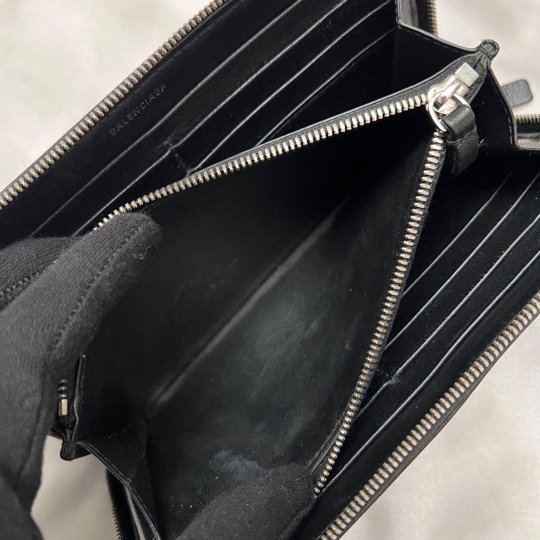◇美品◇バレンシアガ　ラウンドジップ長財布　白ロゴ×ブラックレザー　シルバー金具
