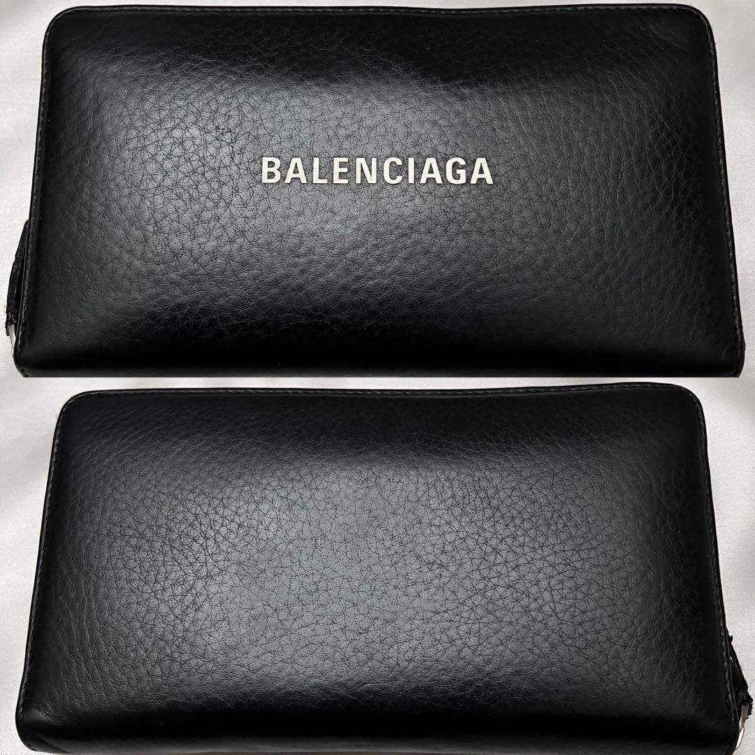 ◇美品◇バレンシアガ　ラウンドジップ長財布　白ロゴ×ブラックレザー　シルバー金具