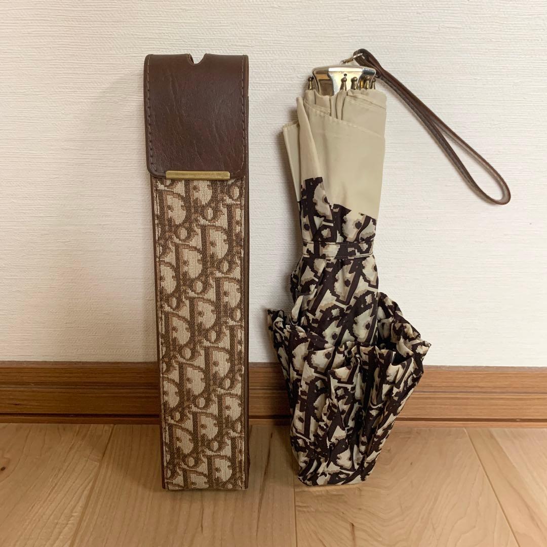 【人気】クリスチャンディオール 折り畳み傘 ケース付 トロッター柄 総柄 茶色