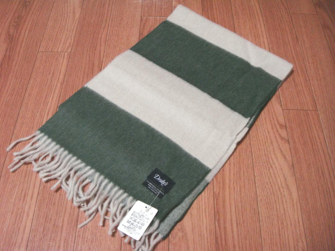 Drake's ボーダー ウール アンゴラ マフラー グリーン×生成り