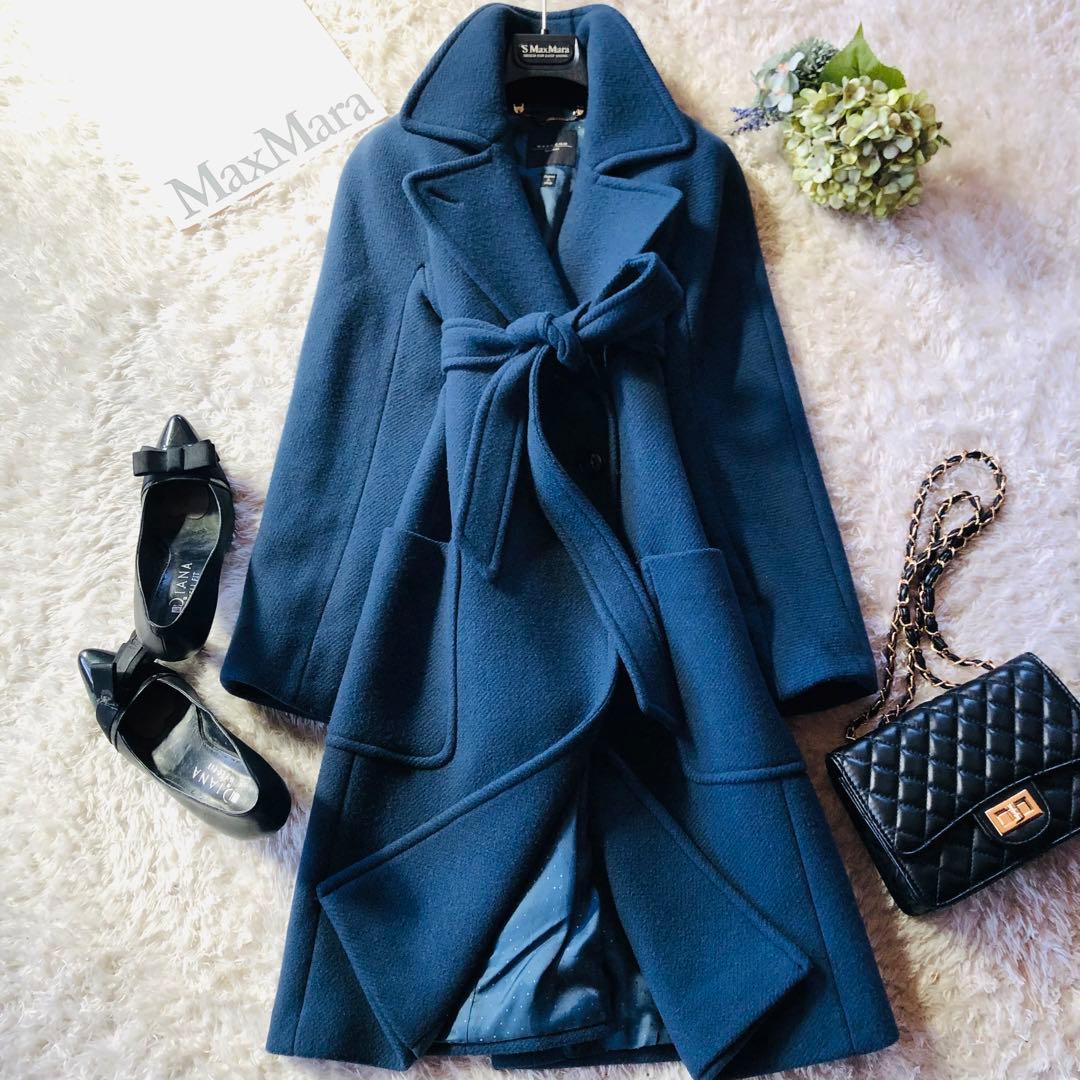 美品✨マックスマーラ ベルテッドコート 2WAY 女優襟 ネイビーブルー 38