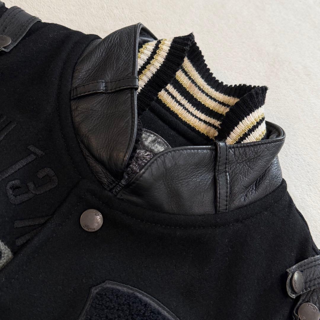 Roen レザー切替スタジャン　Y2K 2way ディアスキン　刺繍　黒　L