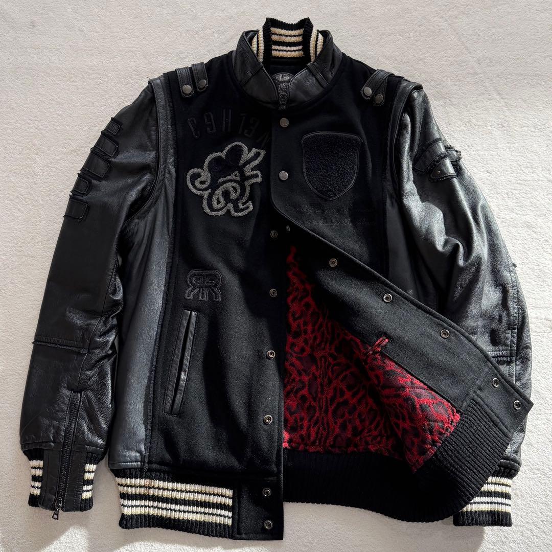 Roen レザー切替スタジャン　Y2K 2way ディアスキン　刺繍　黒　L