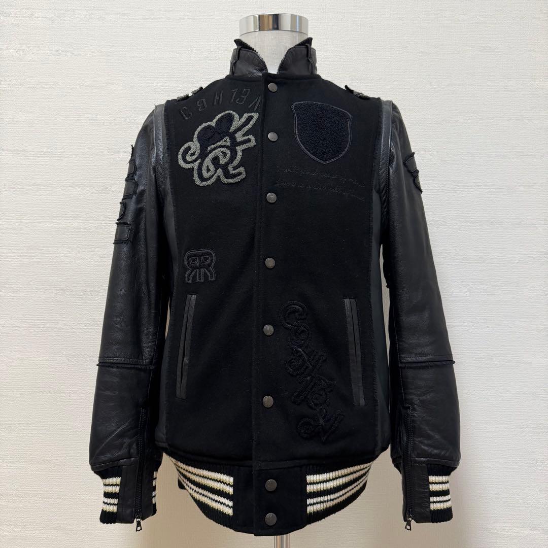 Roen レザー切替スタジャン　Y2K 2way ディアスキン　刺繍　黒　L