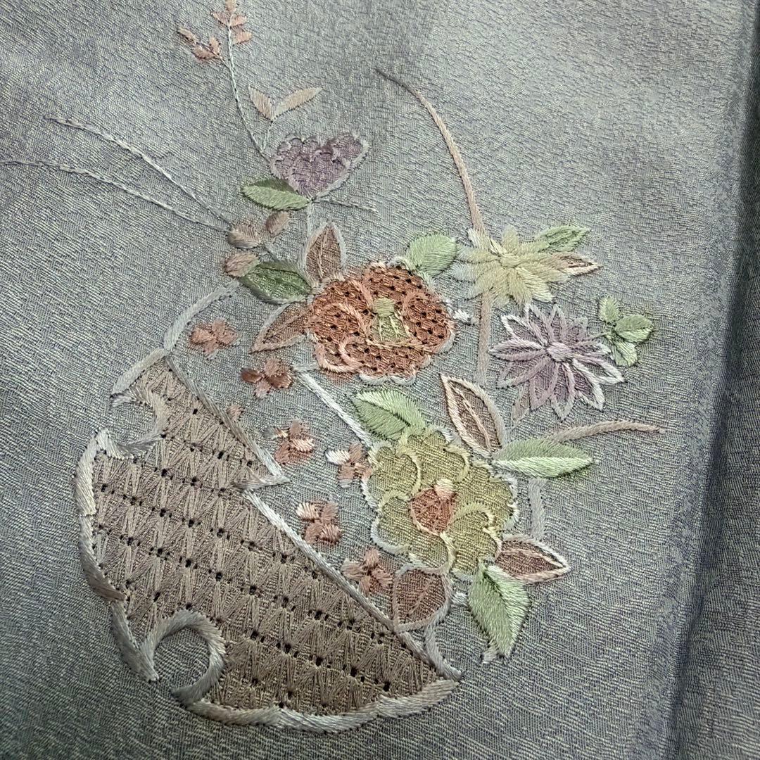■E535■美品■正絹■秘色色　汕頭刺繍　全刺繍柄　袷　訪問着■丈169　裄67