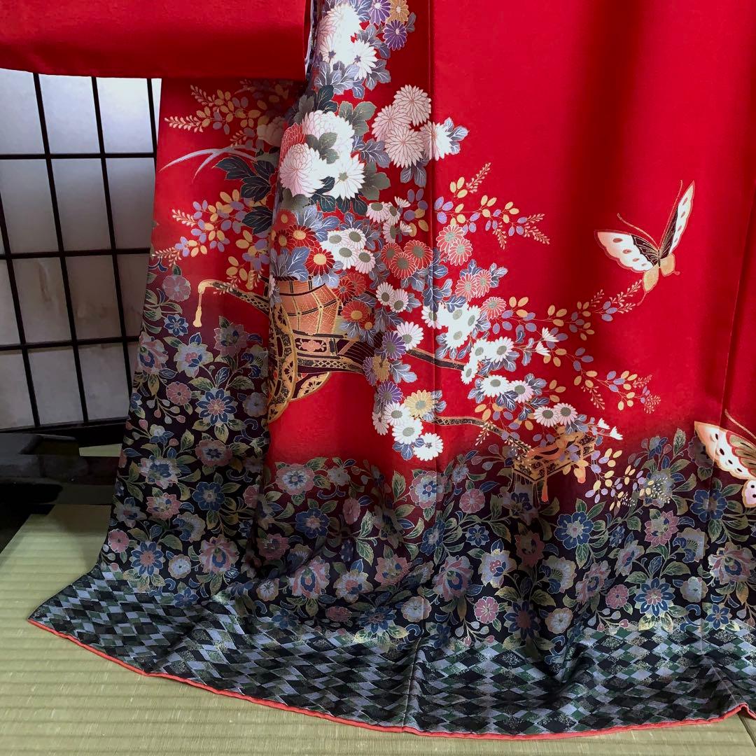 m*k様 【大特価】振袖　6点セット　蝶柄　花車　友禅　身丈166cm 朱赤系
