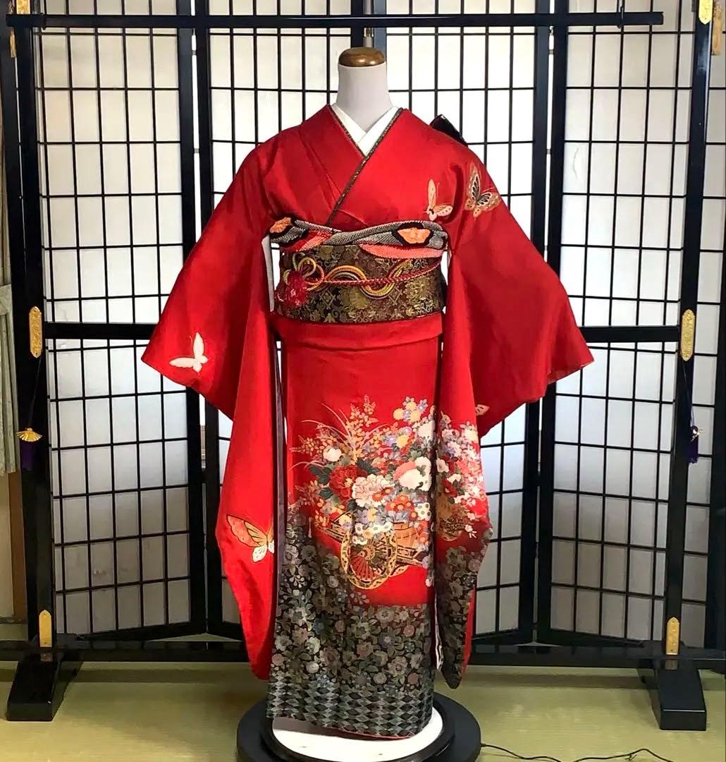 m*k様 【大特価】振袖　6点セット　蝶柄　花車　友禅　身丈166cm 朱赤系