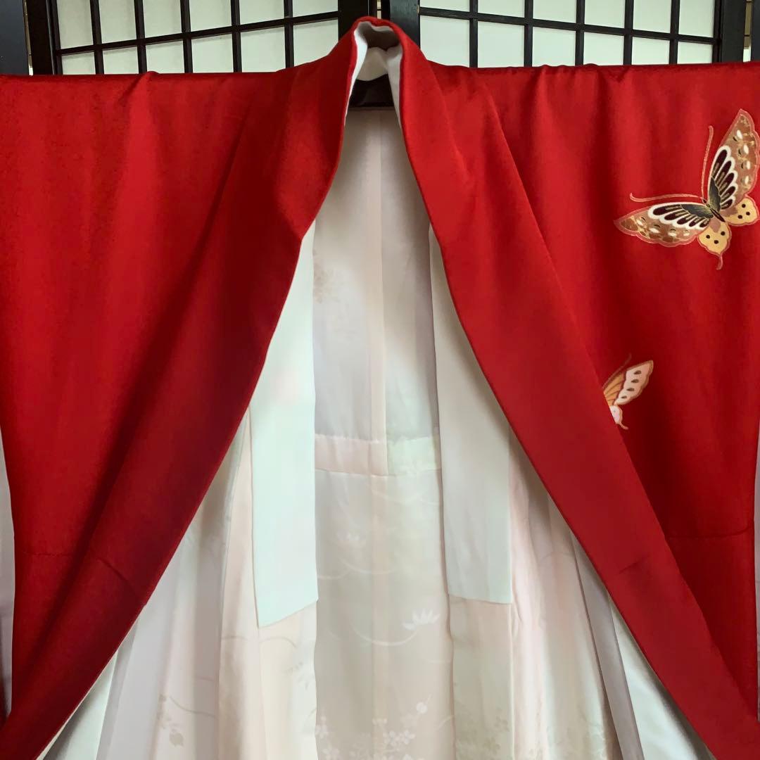m*k様 【大特価】振袖　6点セット　蝶柄　花車　友禅　身丈166cm 朱赤系