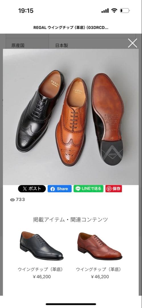 REGAL ウィングチップ 革靴 ブラック 25.5センチ