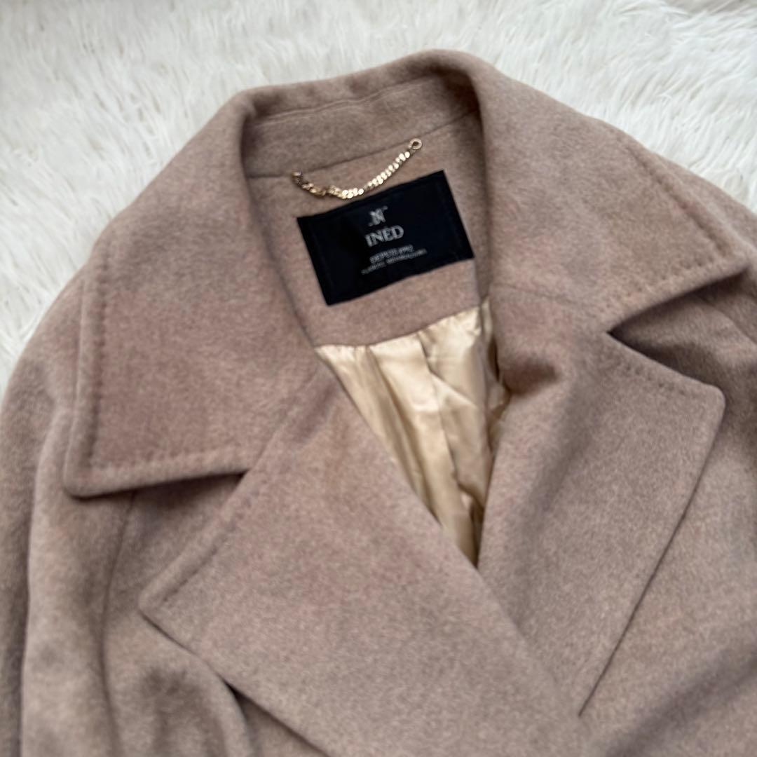 美品XLサイズ相当カシミヤ100% イネド　ベルテッドコート　ロング　ベージュ