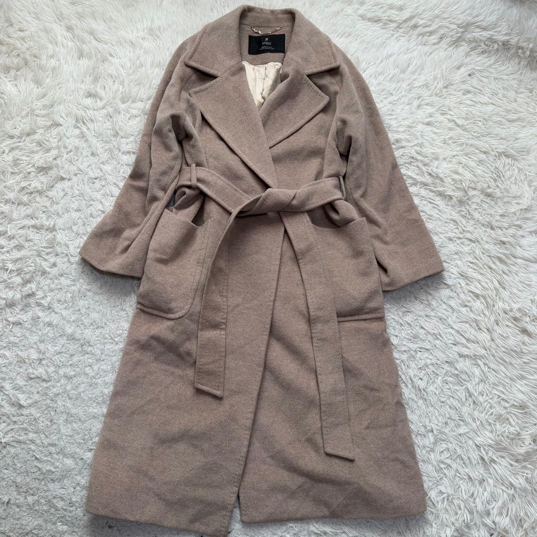 美品XLサイズ相当カシミヤ100% イネド　ベルテッドコート　ロング　ベージュ