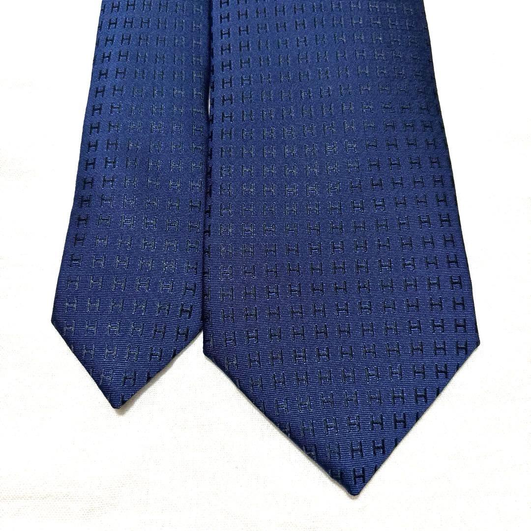 極美品　HERMES　エルメス　ネクタイ　ダークネイビー　ファソネ　H柄刺繍