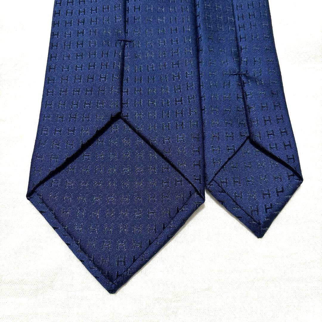 極美品　HERMES　エルメス　ネクタイ　ダークネイビー　ファソネ　H柄刺繍