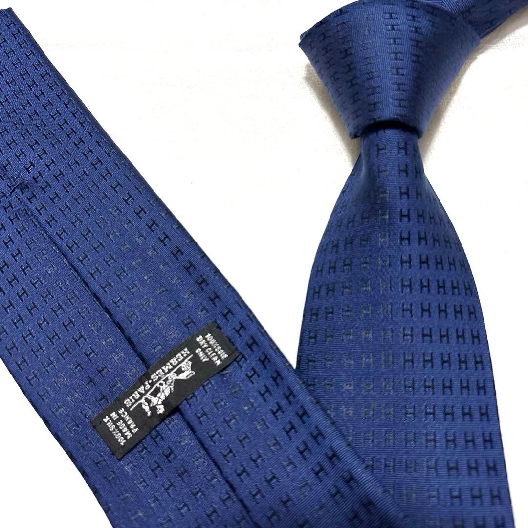 極美品　HERMES　エルメス　ネクタイ　ダークネイビー　ファソネ　H柄刺繍