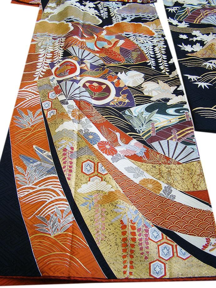 値下げ交渉ＯＫ！ロング寸 紋意匠 黒地 十日町 高級振袖 セット 正絹 Ｂ８６４