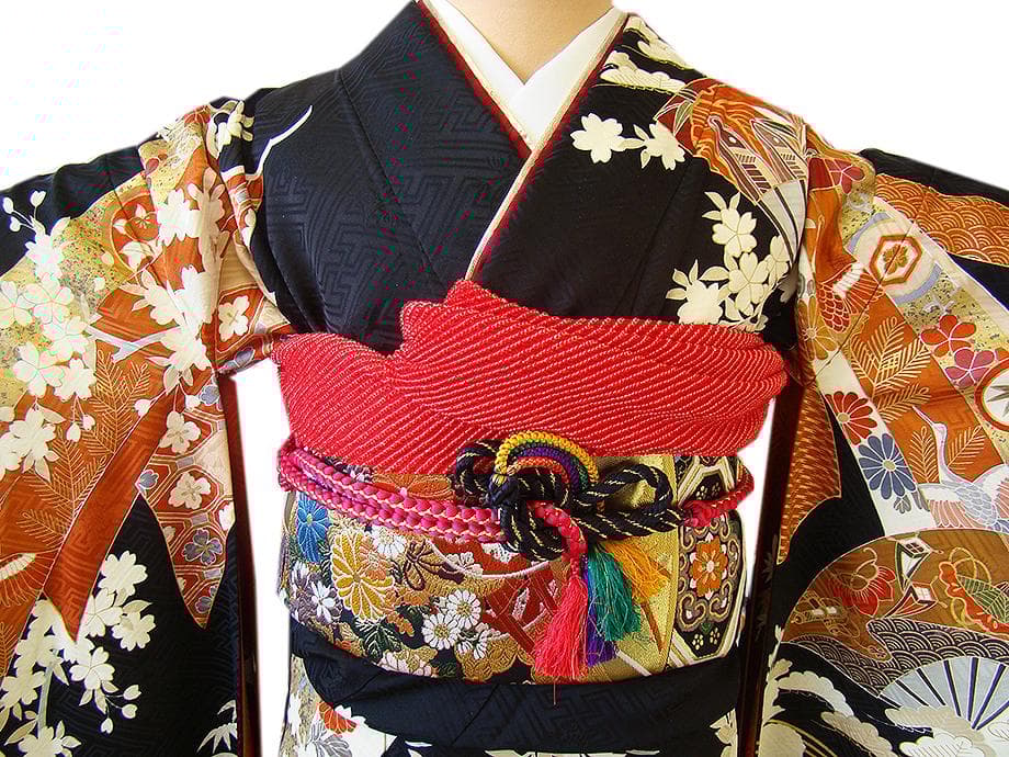 値下げ交渉ＯＫ！ロング寸 紋意匠 黒地 十日町 高級振袖 セット 正絹 Ｂ８６４