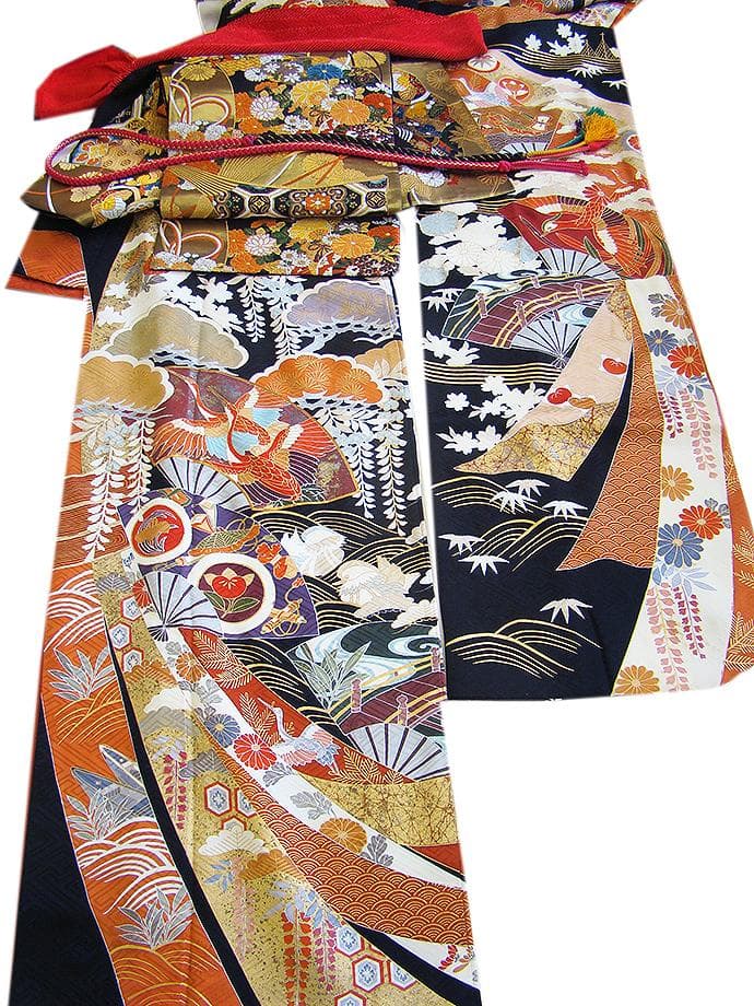 値下げ交渉ＯＫ！ロング寸 紋意匠 黒地 十日町 高級振袖 セット 正絹 Ｂ８６４