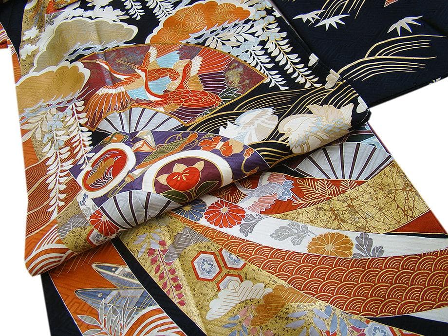 値下げ交渉ＯＫ！ロング寸 紋意匠 黒地 十日町 高級振袖 セット 正絹 Ｂ８６４