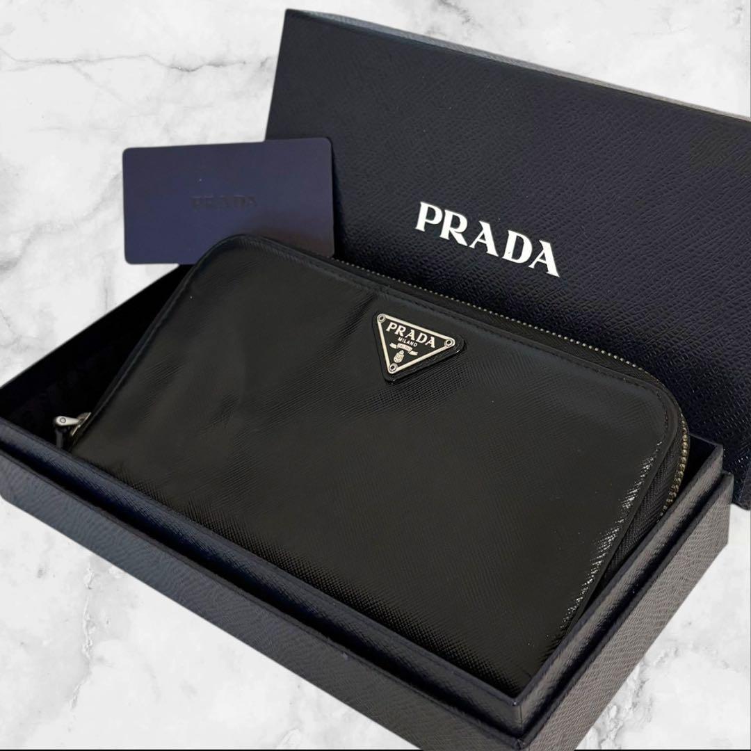 プラダ PRADA 長財布 ファスナー サフィアーノ ブラック　三角ロゴ