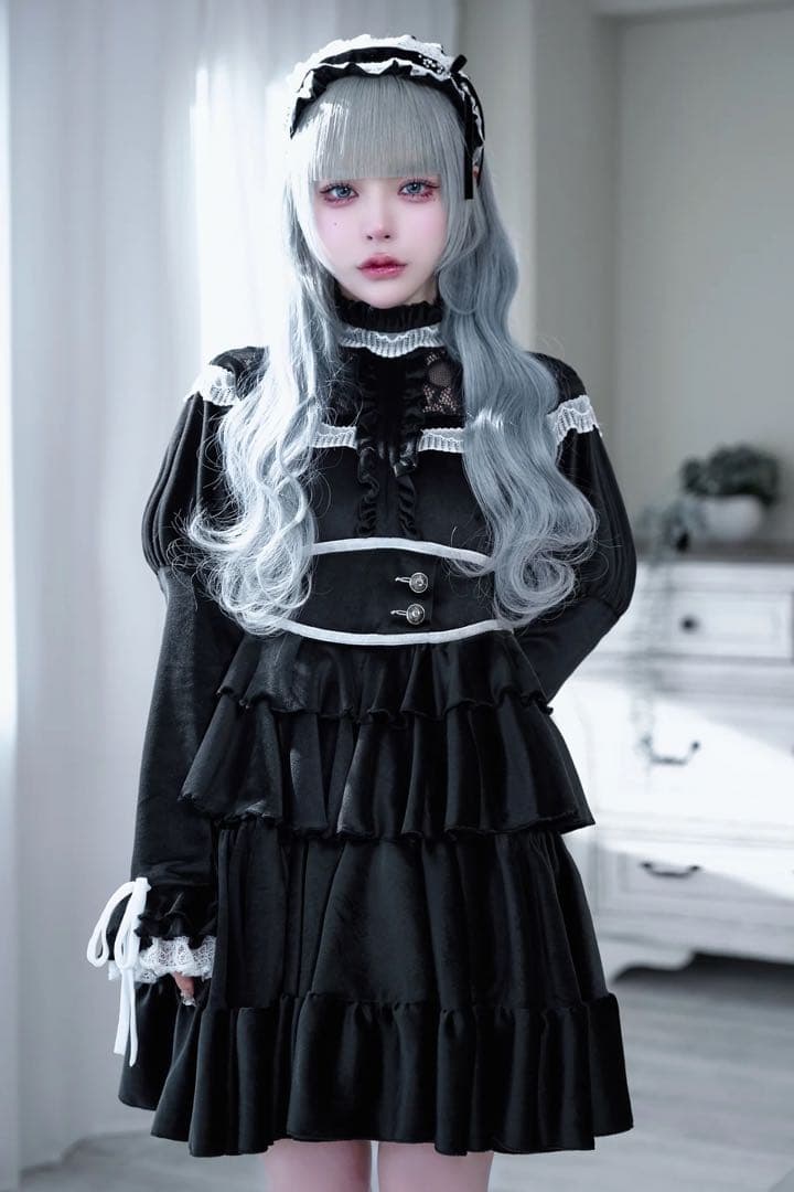 dependoll ベロアパフレースワンピース　ブラック