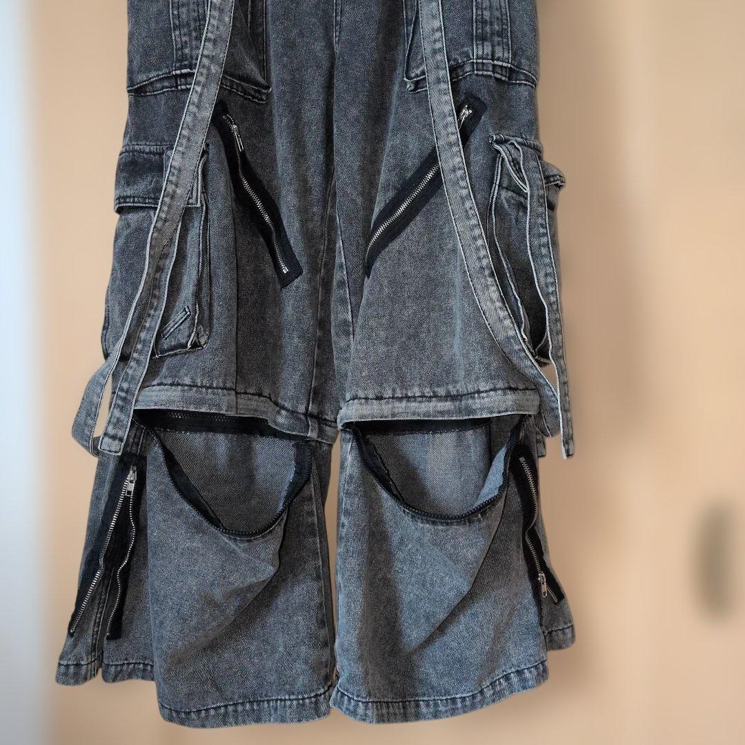 erar 3wayルーズシルエットハイギミックサスペンダーカーゴデニムパンツ 黒