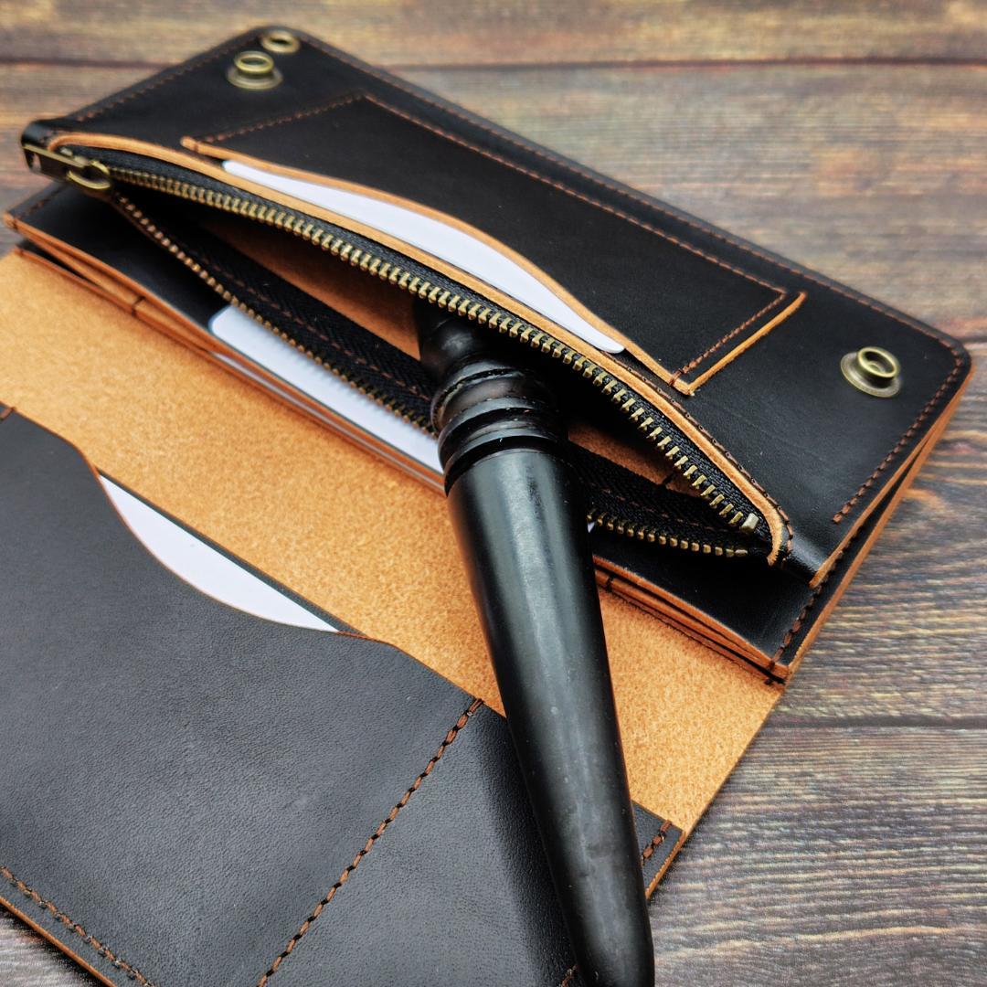ロングトラッカーウォレット 栃木レザー ハンドメイド 本革 茶芯ブラック