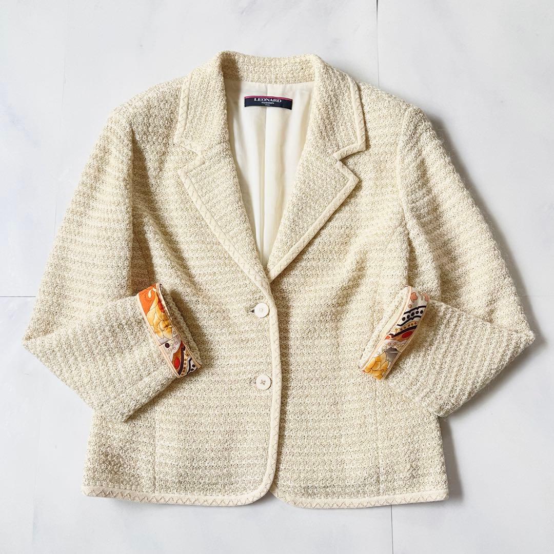 レオナール テーラードジャケット ニットジャケット 袖口 トリム L ラメモヘヤ