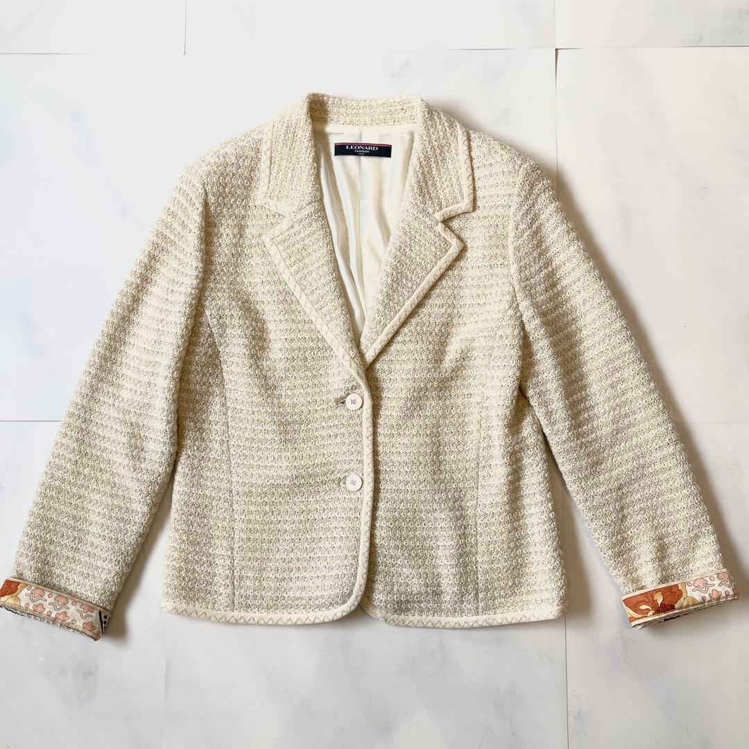 レオナール テーラードジャケット ニットジャケット 袖口 トリム L ラメモヘヤ