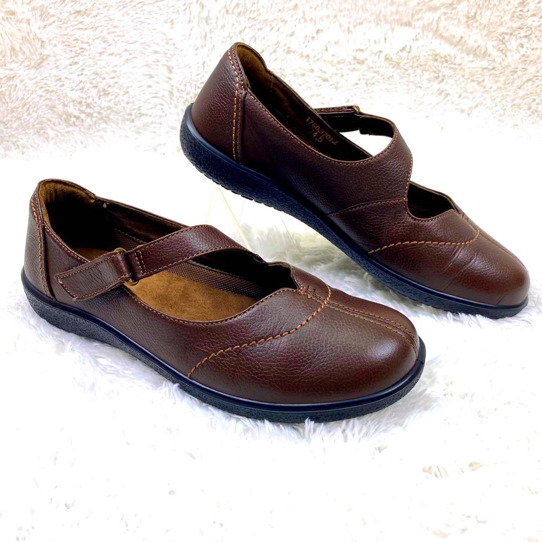 未使用級 アキレスソルボ ストラップ付き シボ革 Vカット フラットパンプス 茶