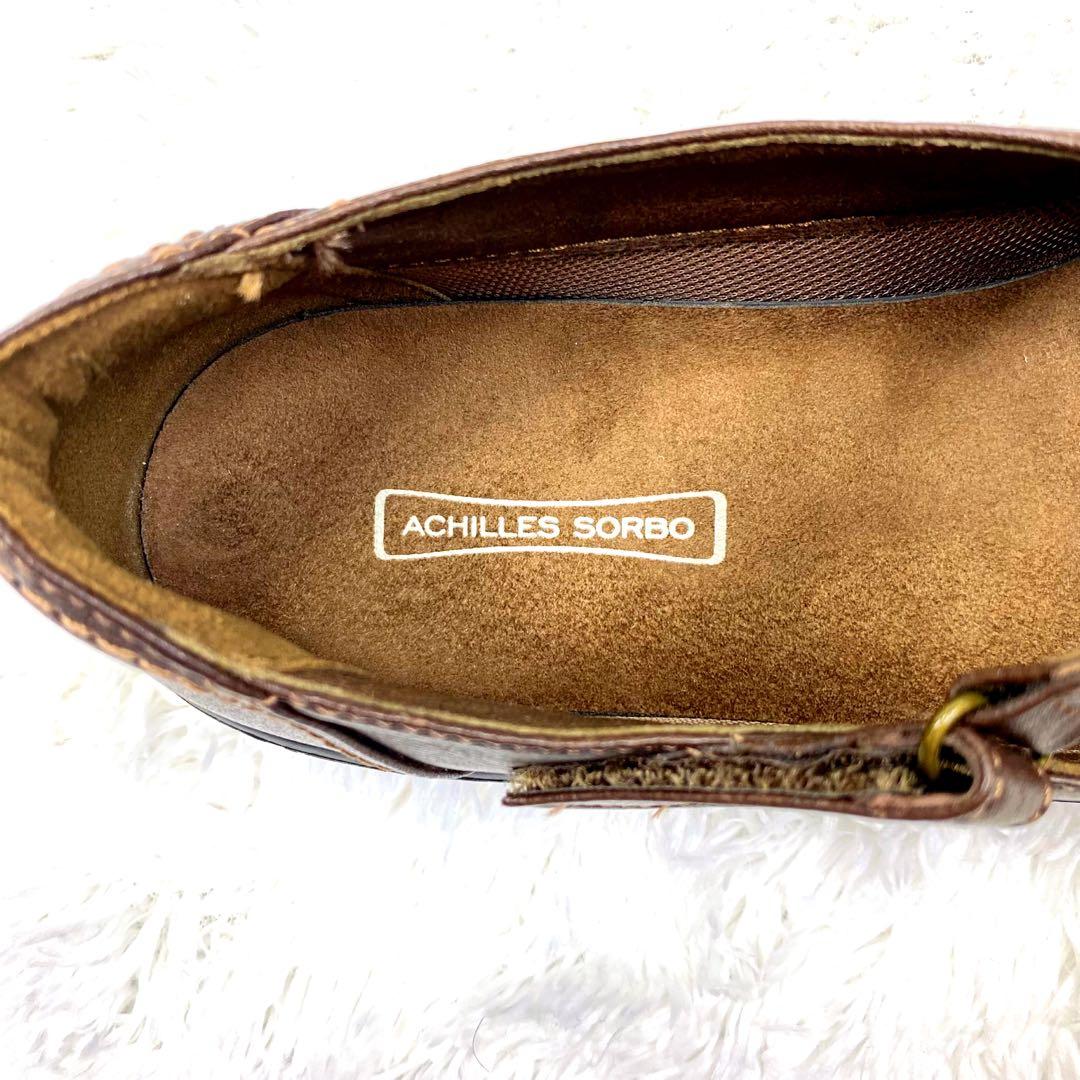 未使用級 アキレスソルボ ストラップ付き シボ革 Vカット フラットパンプス 茶
