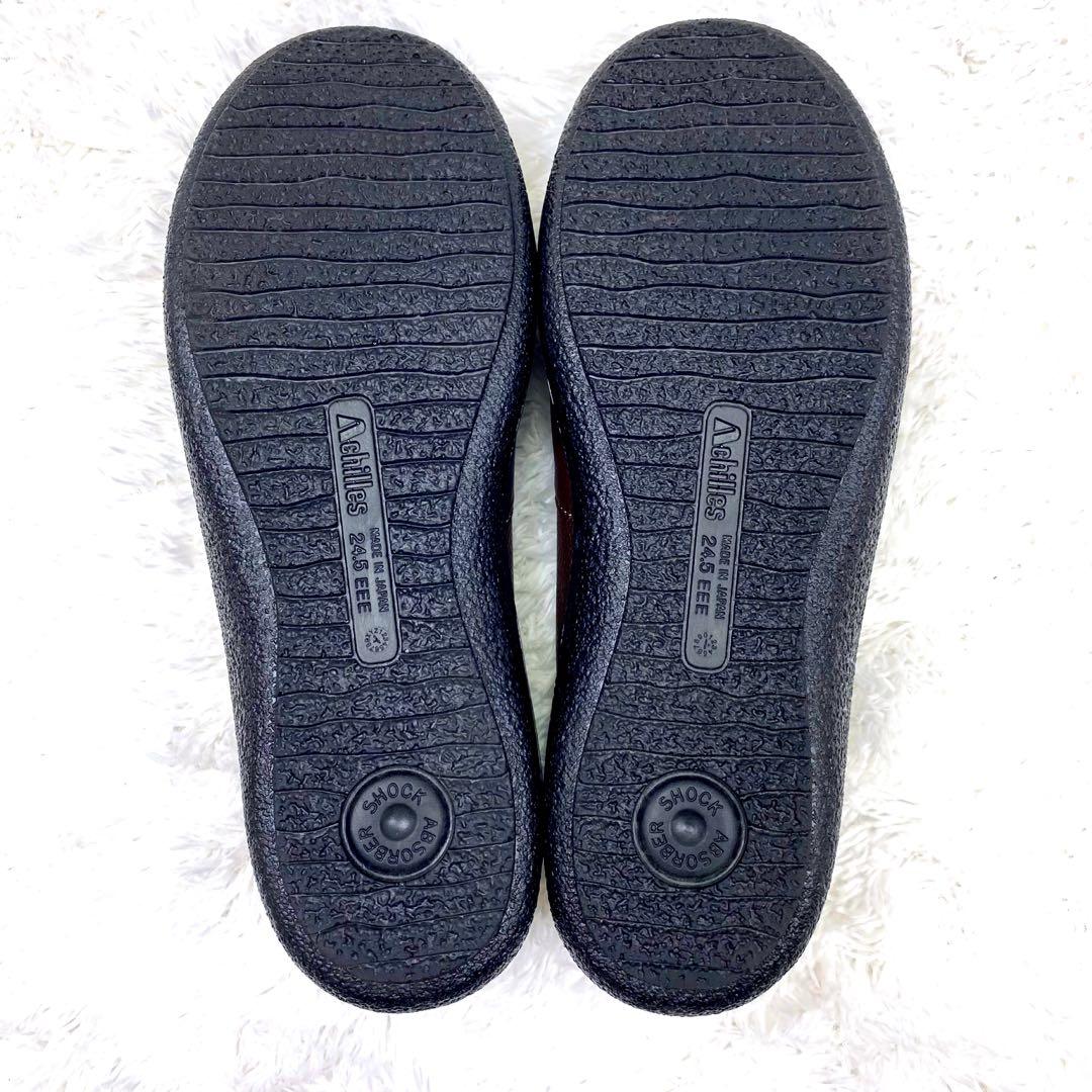 未使用級 アキレスソルボ ストラップ付き シボ革 Vカット フラットパンプス 茶
