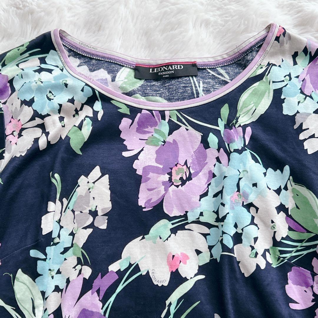 レオナール★LLサイズ　カットソー 花 トリム 半袖 ボートネック　ネイビー