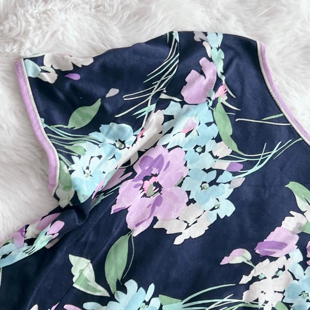 レオナール★LLサイズ　カットソー 花 トリム 半袖 ボートネック　ネイビー