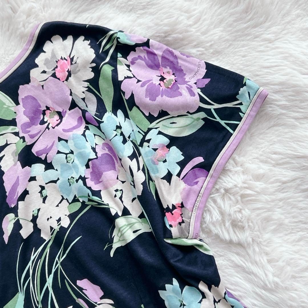 レオナール★LLサイズ　カットソー 花 トリム 半袖 ボートネック　ネイビー