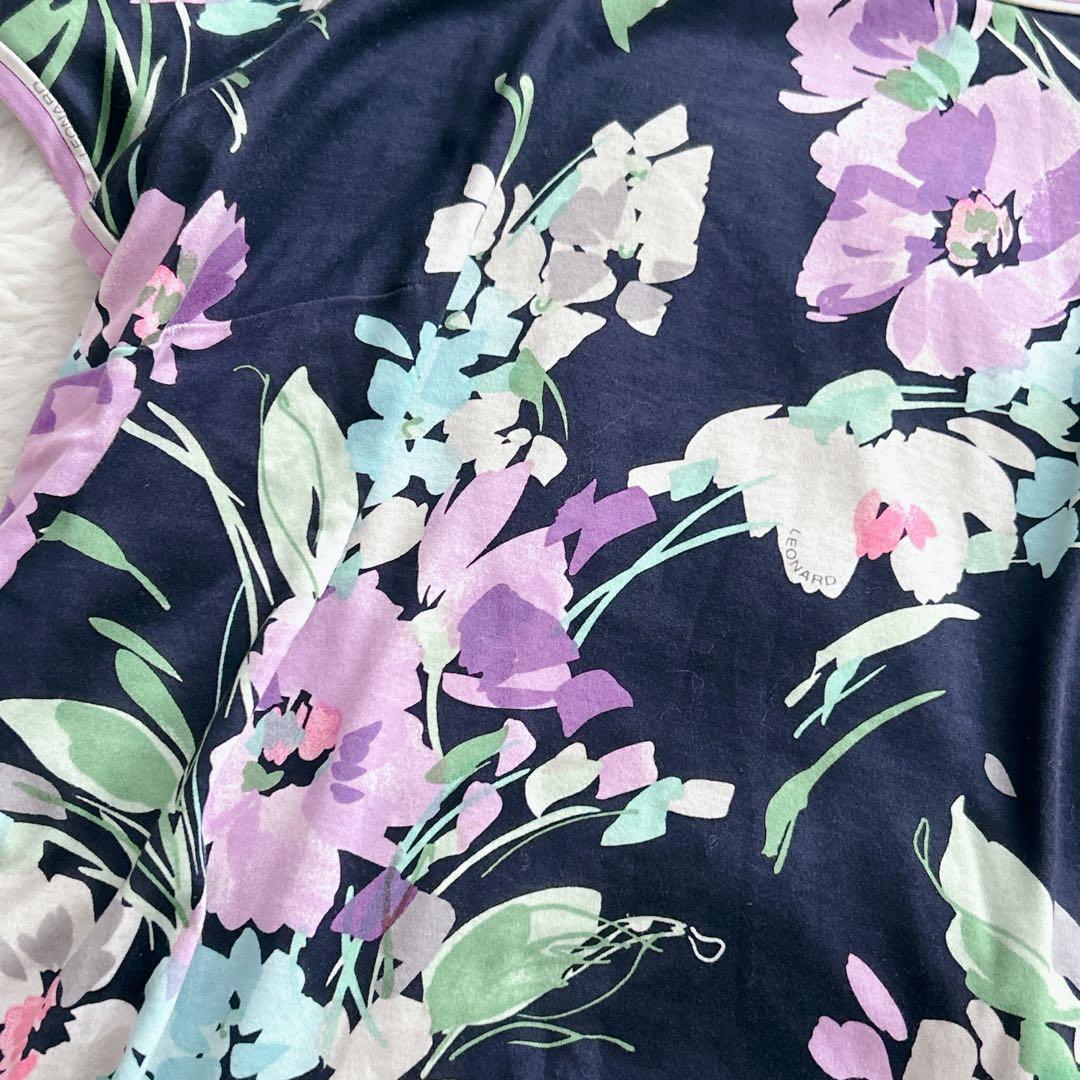 レオナール★LLサイズ　カットソー 花 トリム 半袖 ボートネック　ネイビー