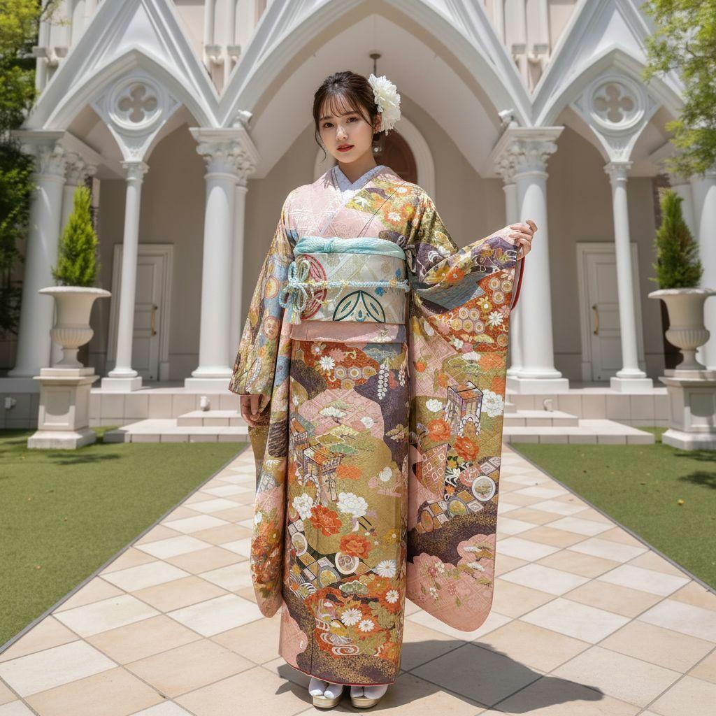 振袖フルセット(7点)・成人式・金彩加工・くすみ・ピンク・古典柄・正絹