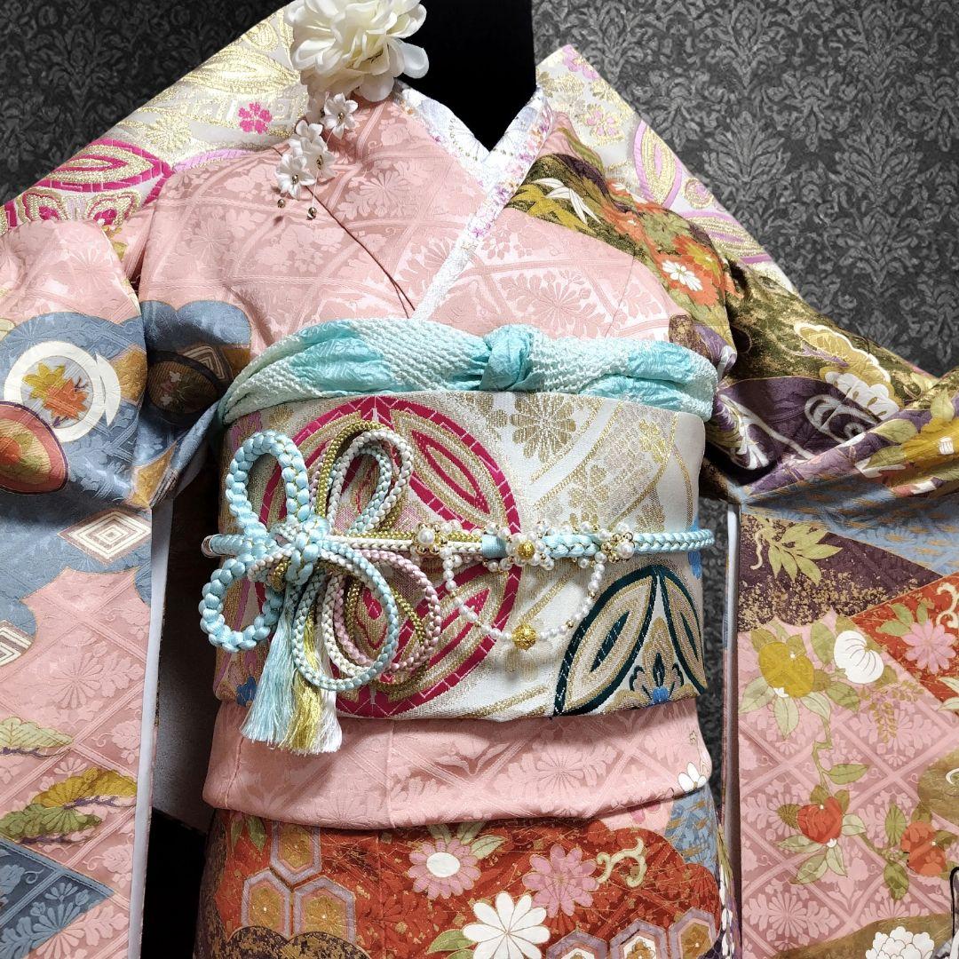 振袖フルセット(7点)・成人式・金彩加工・くすみ・ピンク・古典柄・正絹