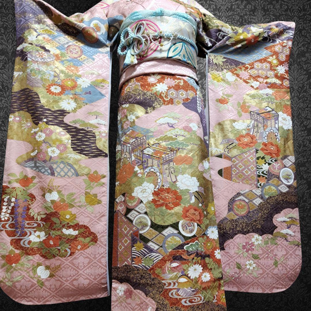 振袖フルセット(7点)・成人式・金彩加工・くすみ・ピンク・古典柄・正絹