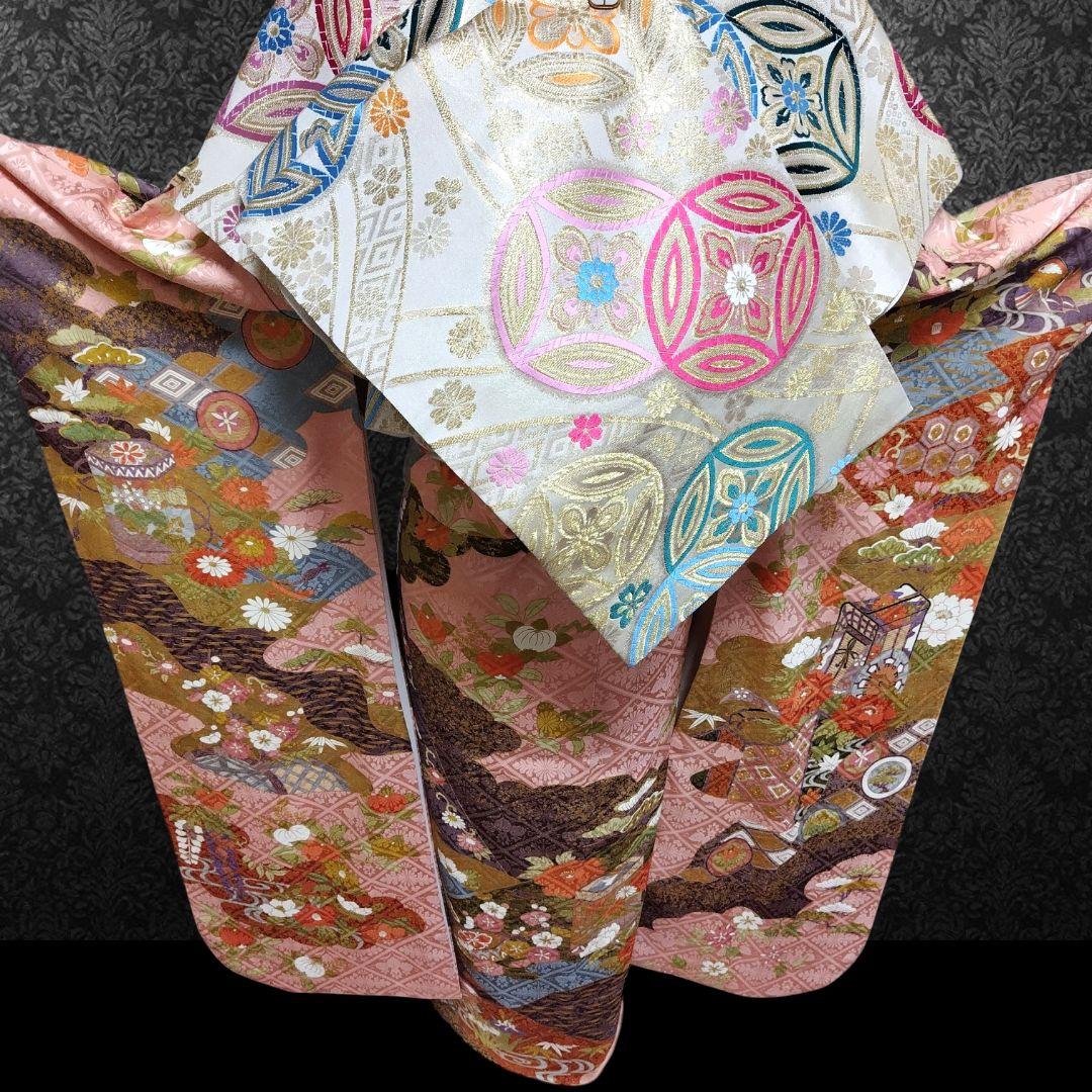 振袖フルセット(7点)・成人式・金彩加工・くすみ・ピンク・古典柄・正絹