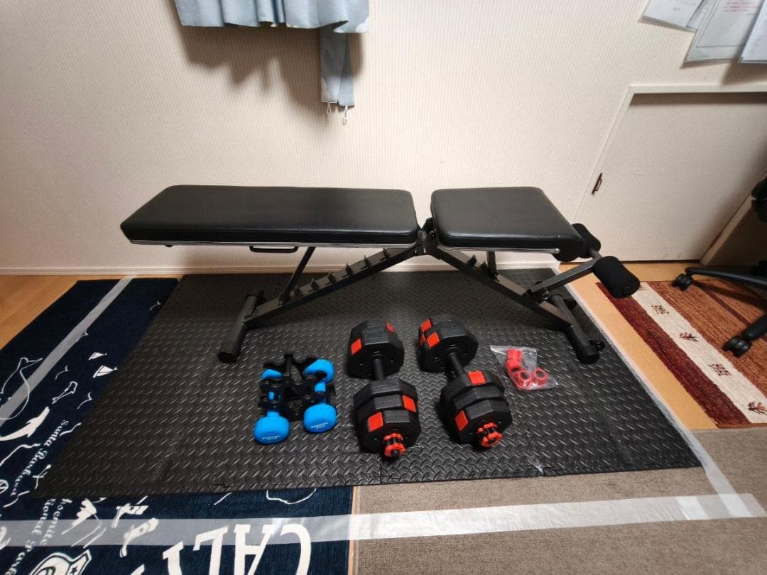 ☆おうちジム フルセット①ベンチ、マット、ダンベル 2個づつ+ダンベルラック ☆