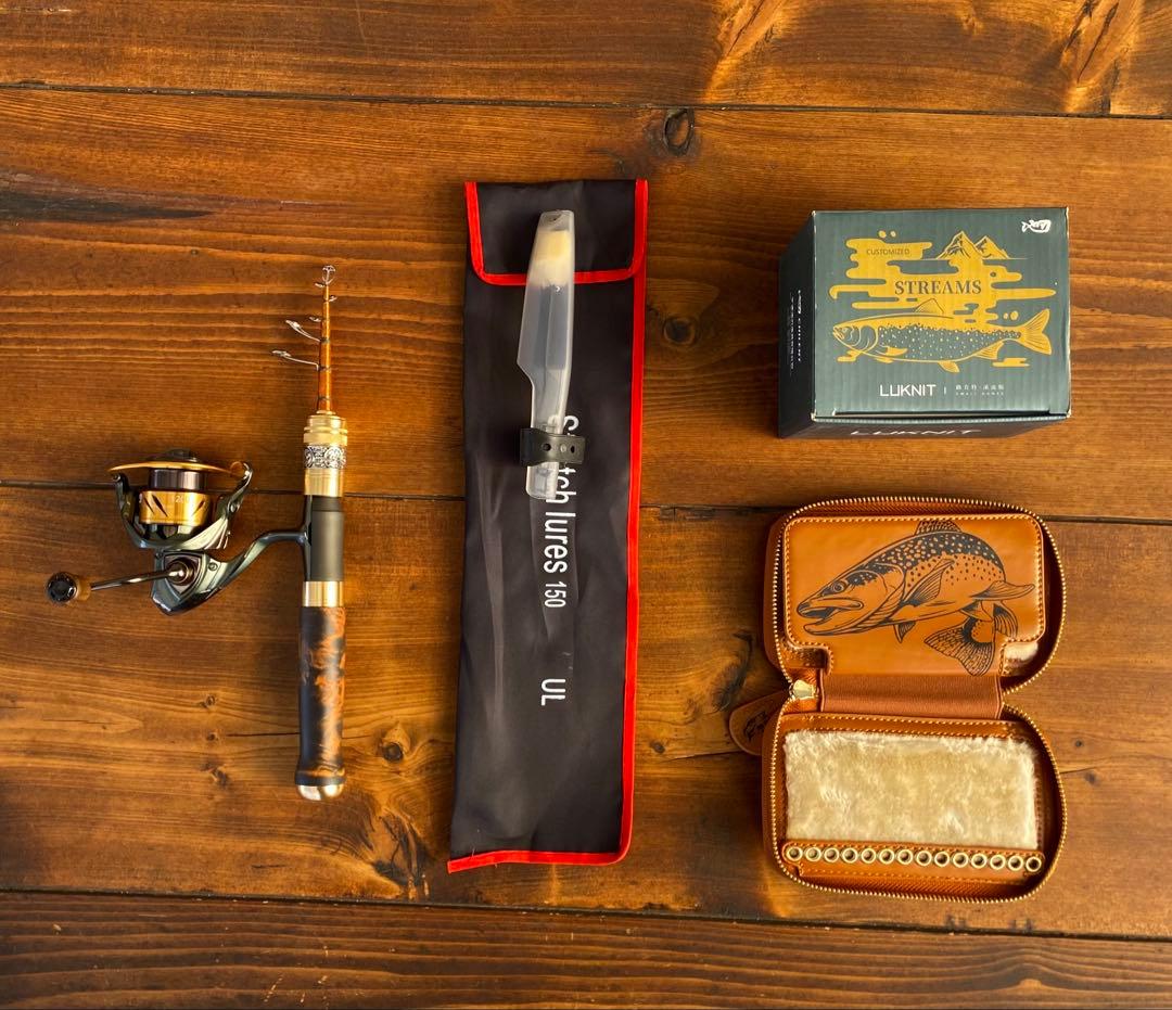 渓流釣りセット　トラウトロッド　スピニングリール　ウッドノブ　天然木グリップ