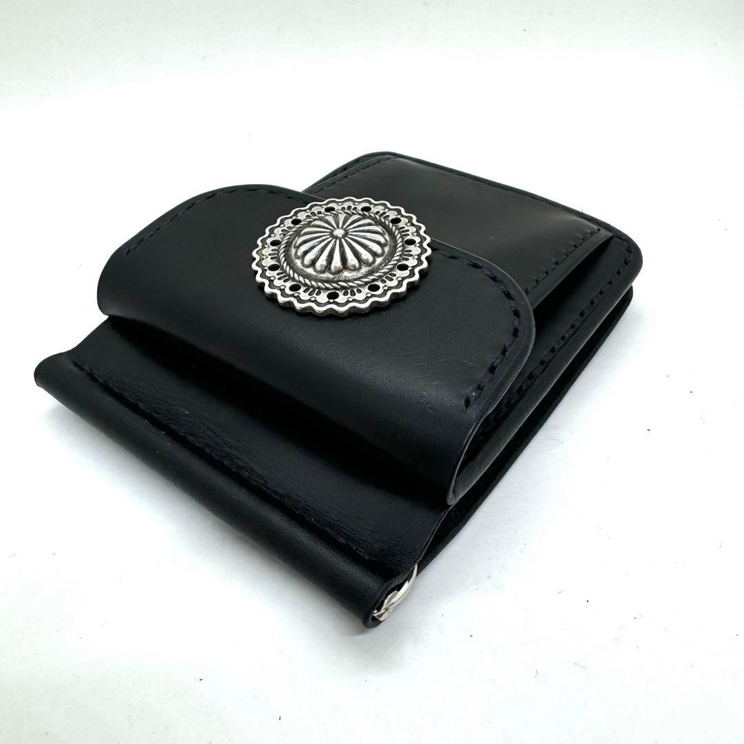 専用ショート財布 マネークリップ　フラワーコンチョボタン 黒　ブラック