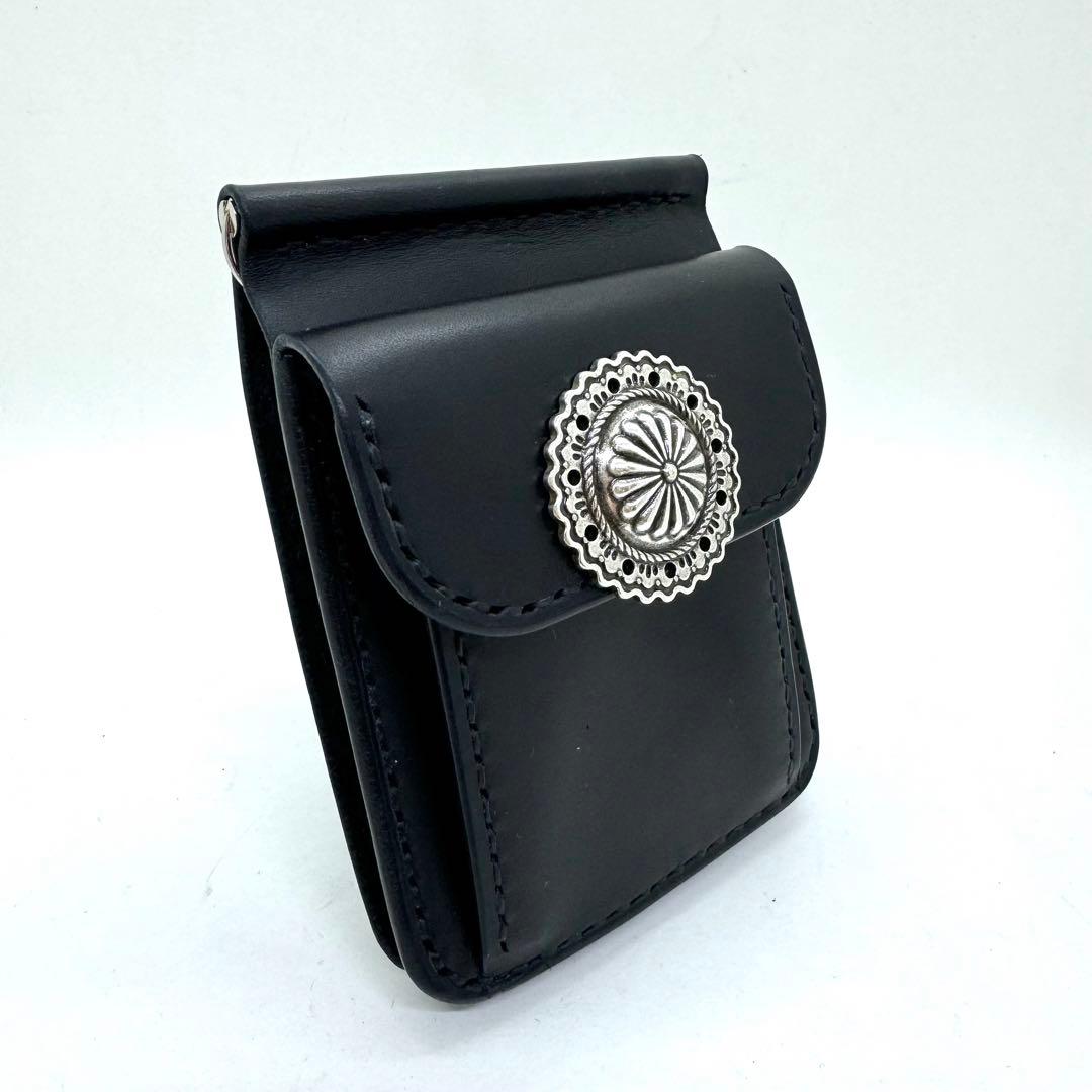 専用ショート財布 マネークリップ　フラワーコンチョボタン 黒　ブラック