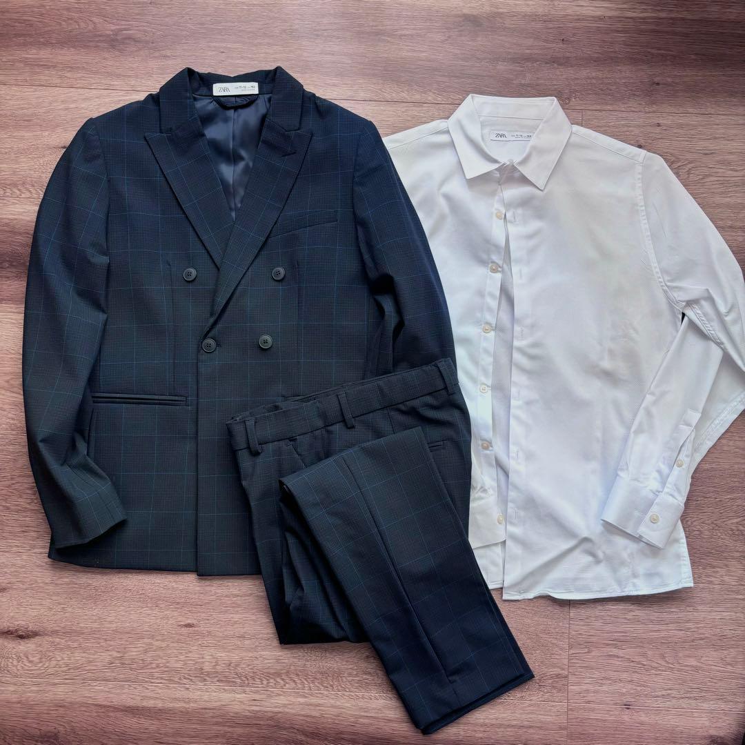 ZARA KIDS チェックスーツブレザー&パンツ、シャツ、ネクタイ4点セット