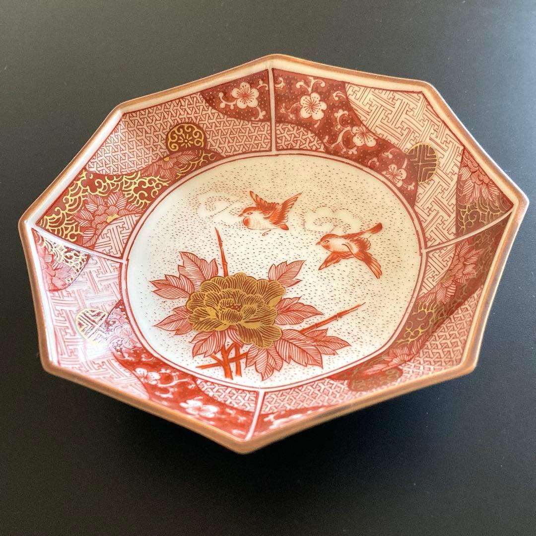 【美品】九谷焼　光山窯　赤絵　金彩　八角皿　銘々皿　12cm ５枚セット
