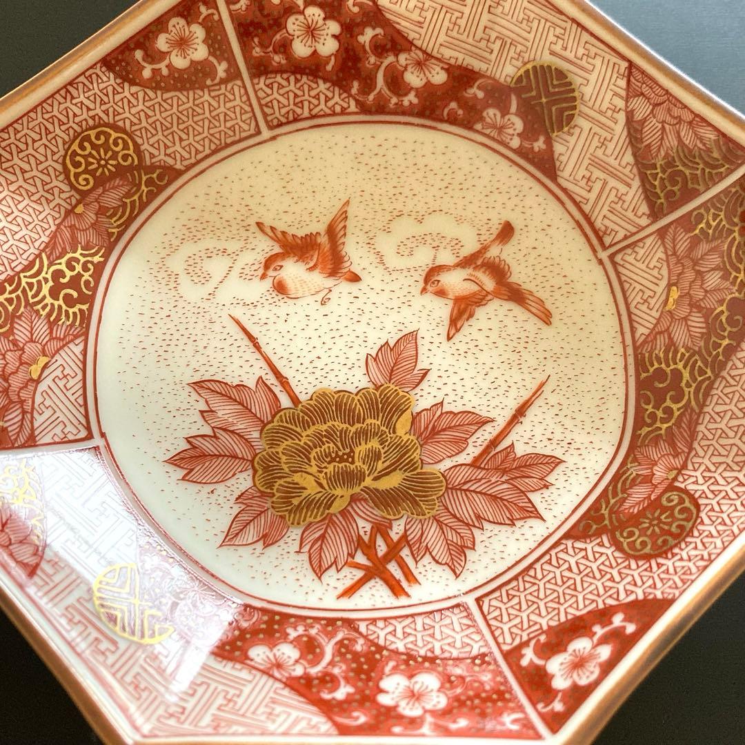 【美品】九谷焼　光山窯　赤絵　金彩　八角皿　銘々皿　12cm ５枚セット